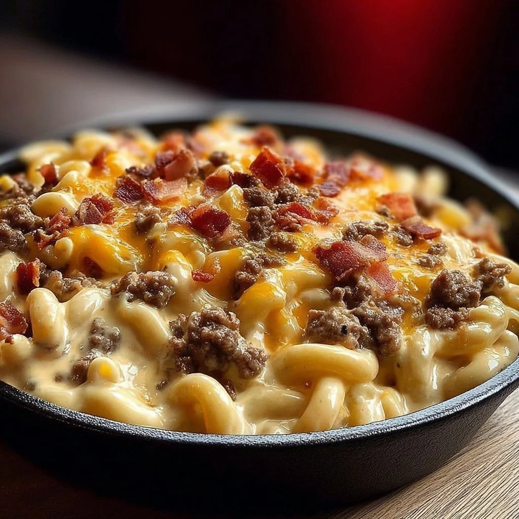 Loaded Turkey Bacon Cheeseburger Alfredo Pasta served with fresh herbs and cheese