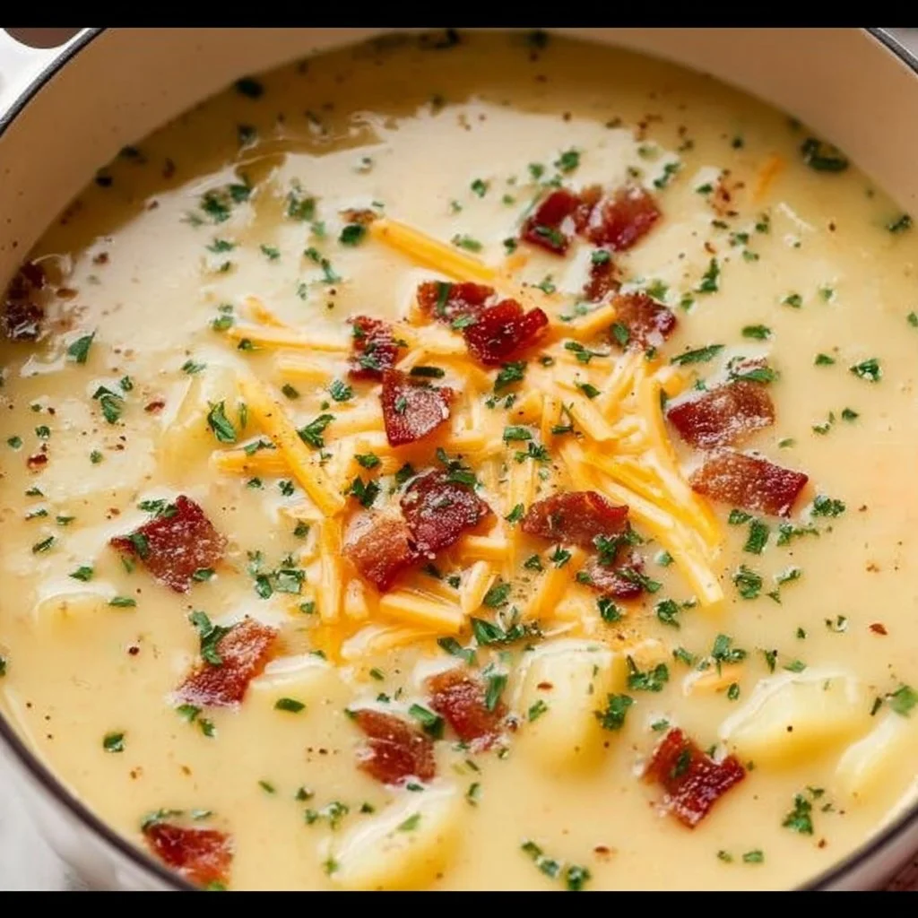 Bowl of Loaded Potato Soup topped with cheese and green onions
