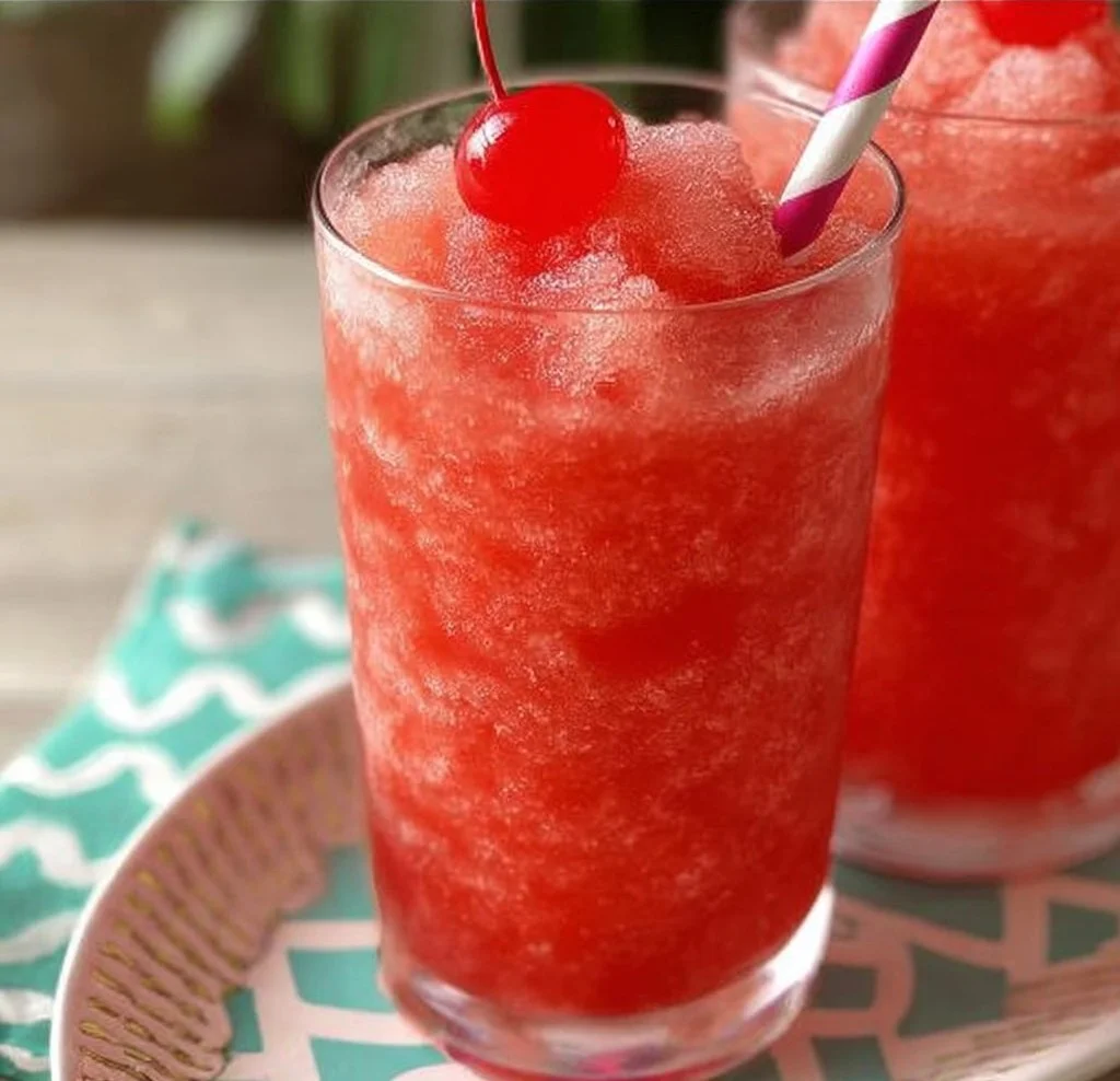 Ninja Slushi Shirley Temple Slush in a colorful cup with cherries and ice