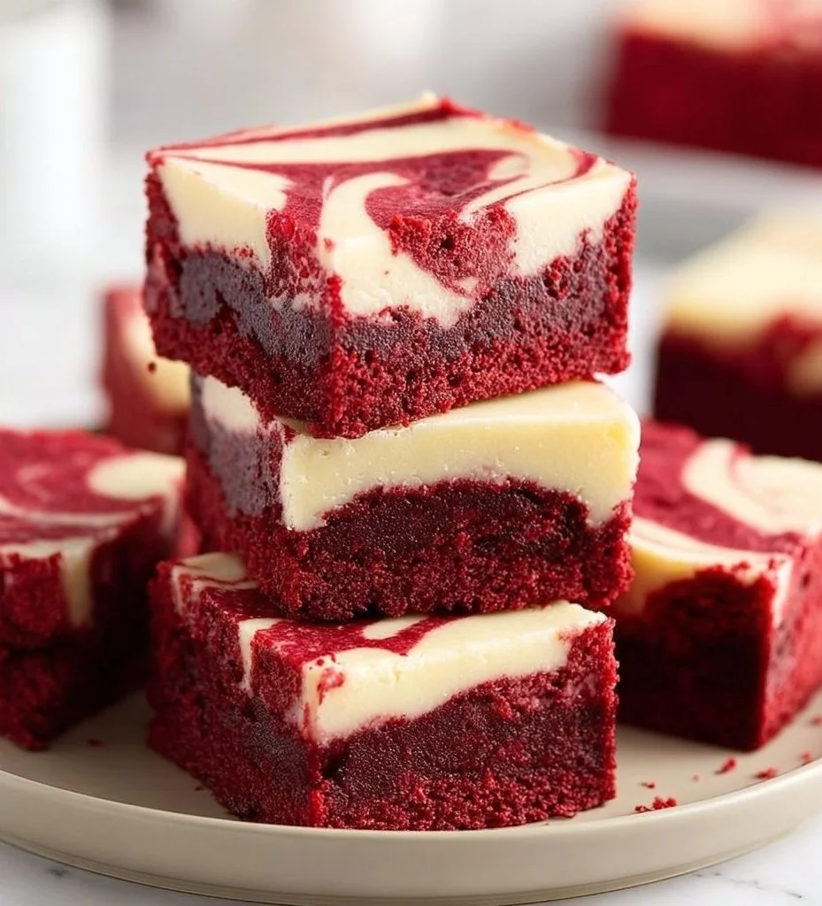 Delicious red velvet cheesecake brownies with cream cheese topping