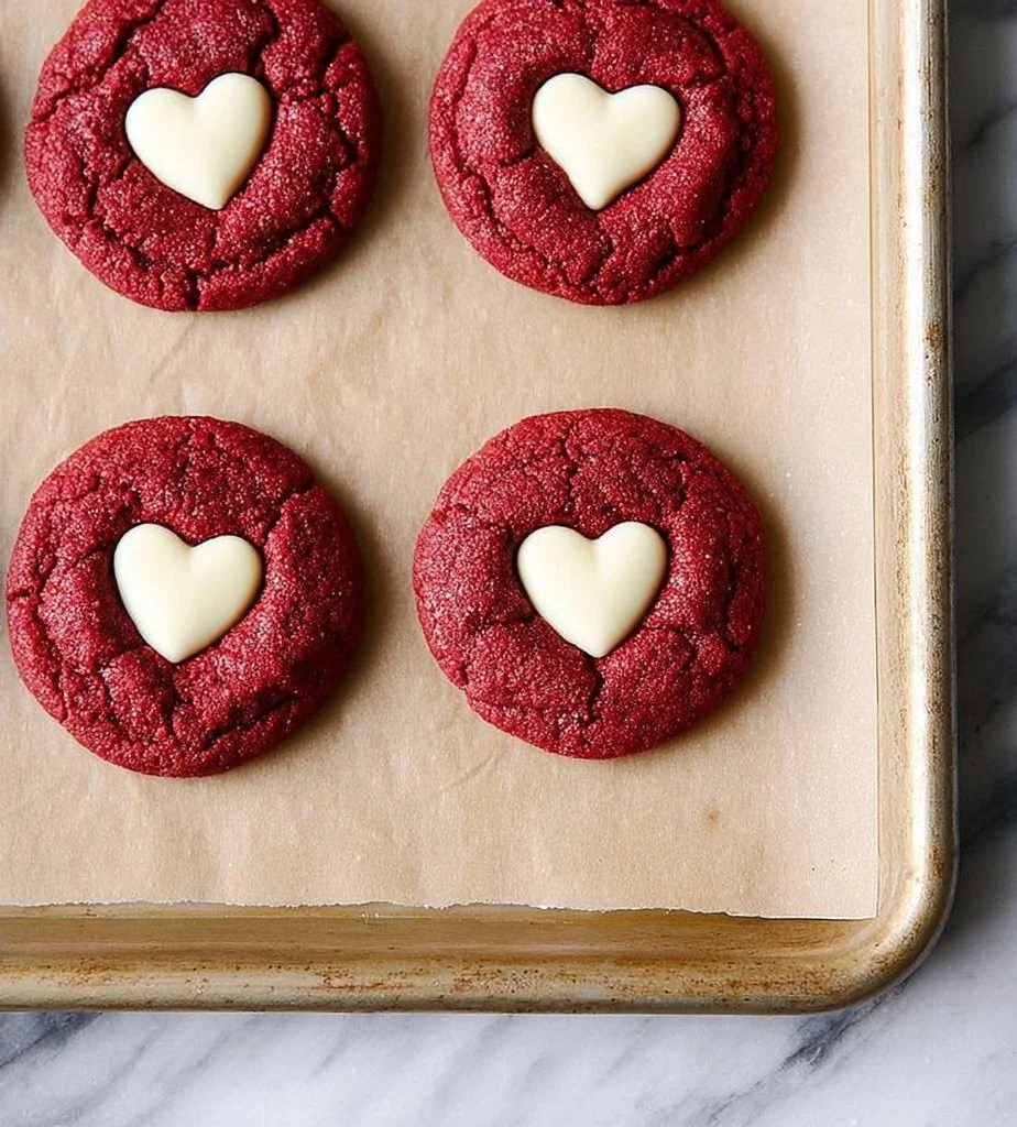 Freshly baked red velvet sugar cookies on a cooling rack.