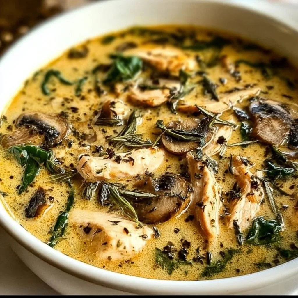Bowl of rotisserie chicken mushroom soup garnished with herbs