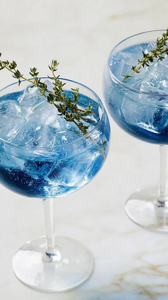 Sky Blue Sparkling Grape Mocktail garnished with citrus slices