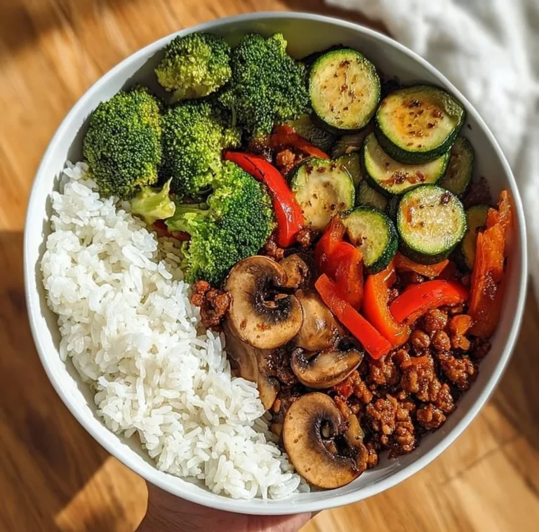 Spicy Ground Beef Stir-Fry Bowl with Garlic Veggies & Steamy Rice
