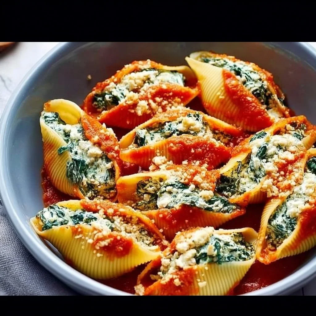 Delicious spinach and ricotta stuffed shells in marinara sauce