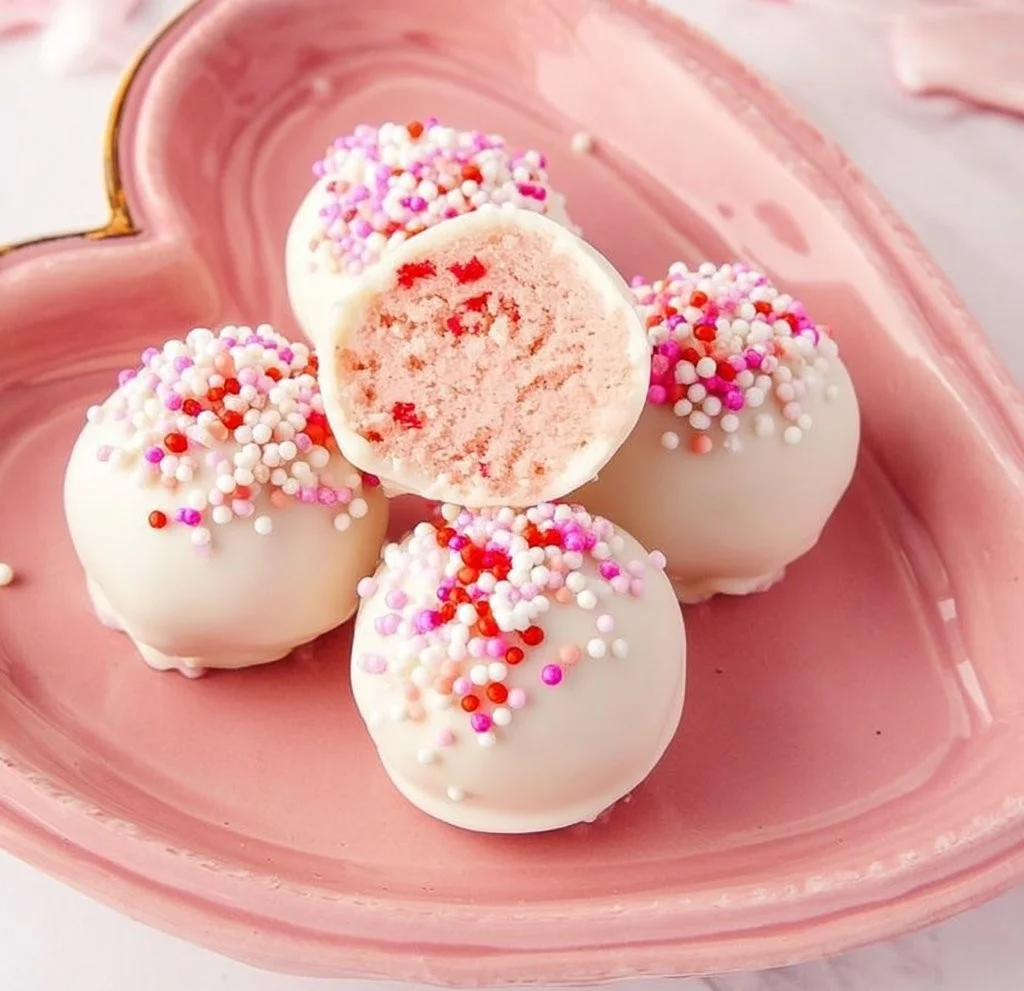 Strawberry cake truffles arranged on a white plate, showcasing a delightful dessert