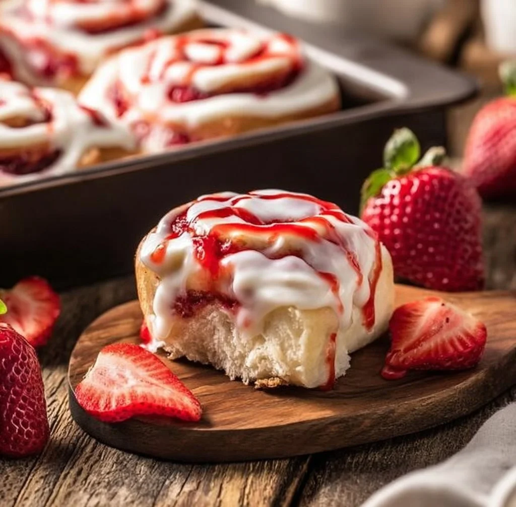Homemade strawberry cheesecake Cinnabon rolls on a wooden table.
