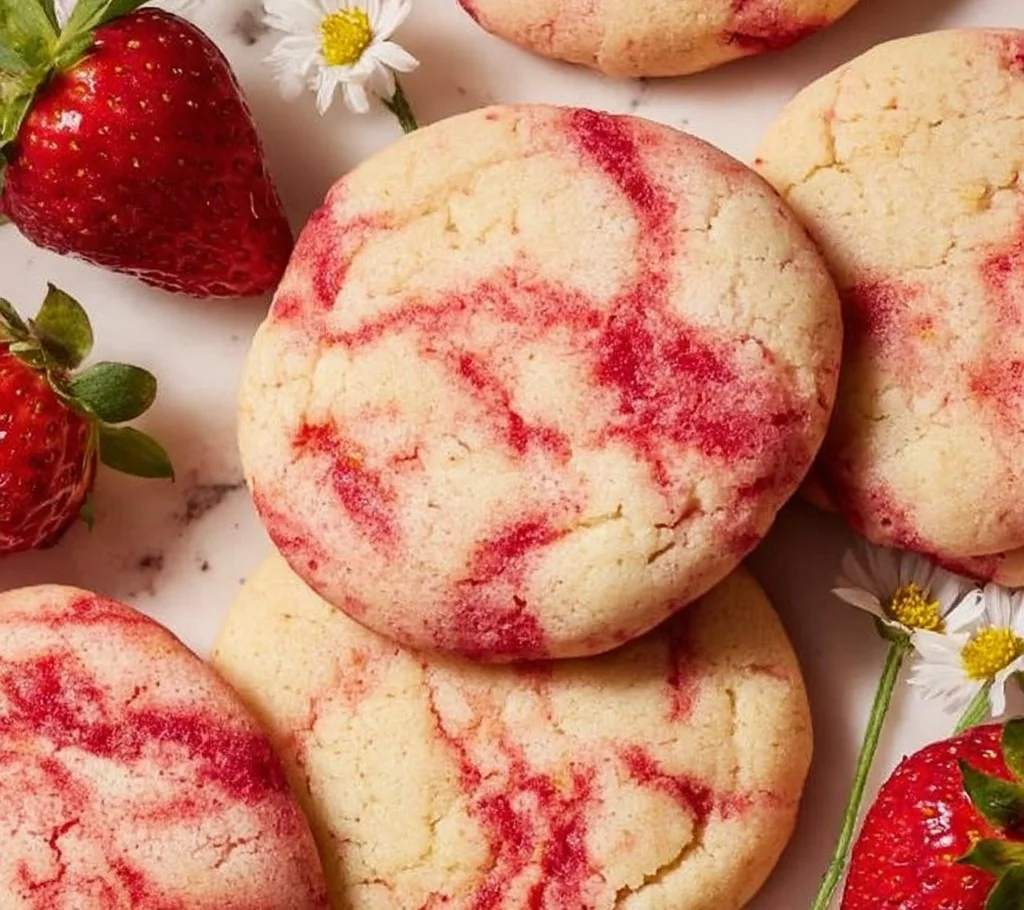 Freshly baked strawberry cheesecake cookies with a creamy topping and strawberry garnish