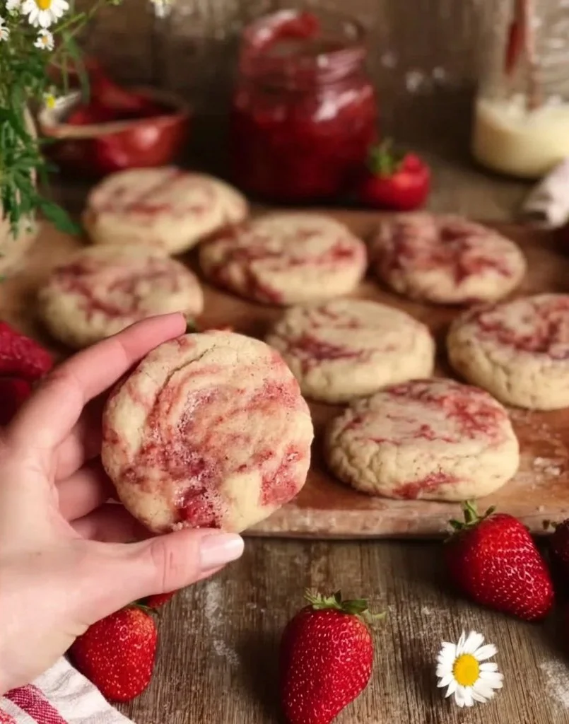 Delicious strawberry cheesecake cookies topped with fresh strawberries and creamy frosting.