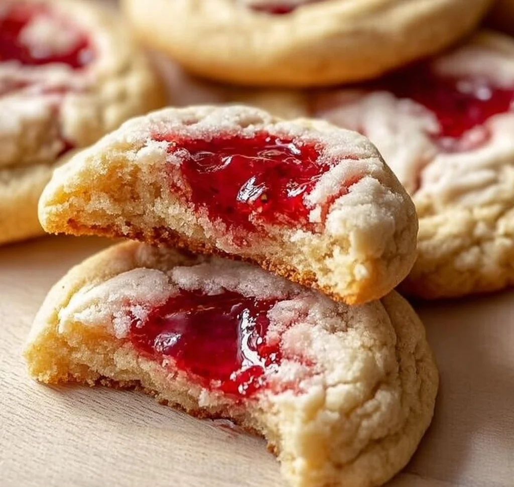 Strawberry cheesecake stuffed cookies with a creamy filling and fresh strawberries.