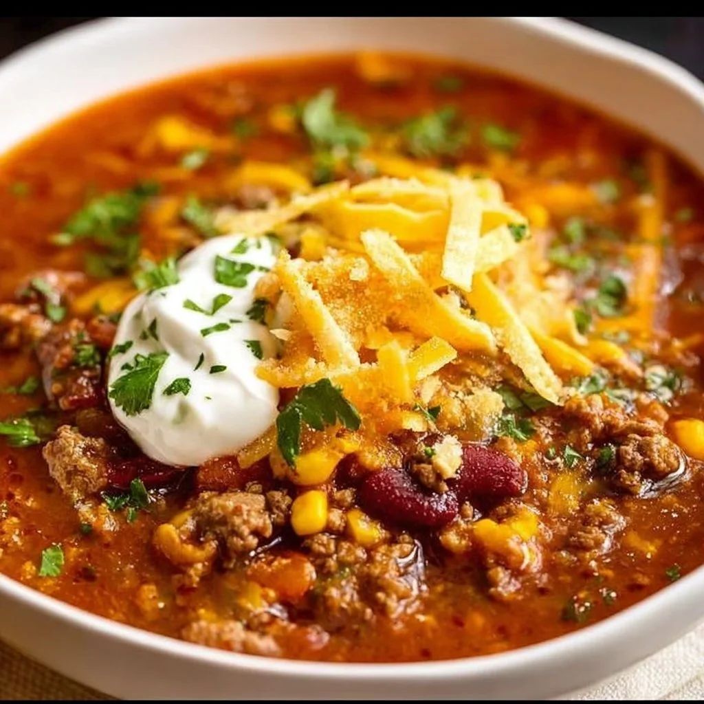 A bowl of flavorful Taco Soup garnished with cheese and cilantro.
