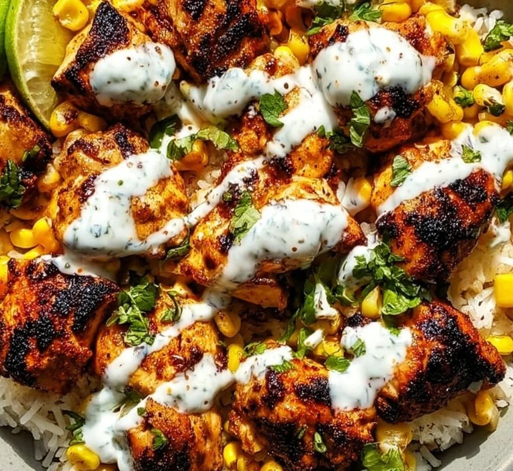 Delicious street corn chicken bowl with grilled chicken and fresh toppings