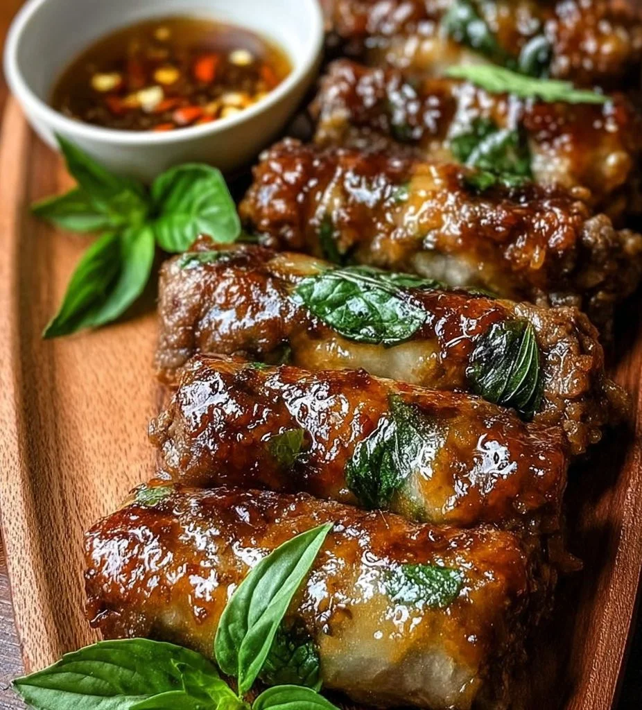 Plate of Thai Basil Beef Rolls garnished with fresh herbs and chili sauce