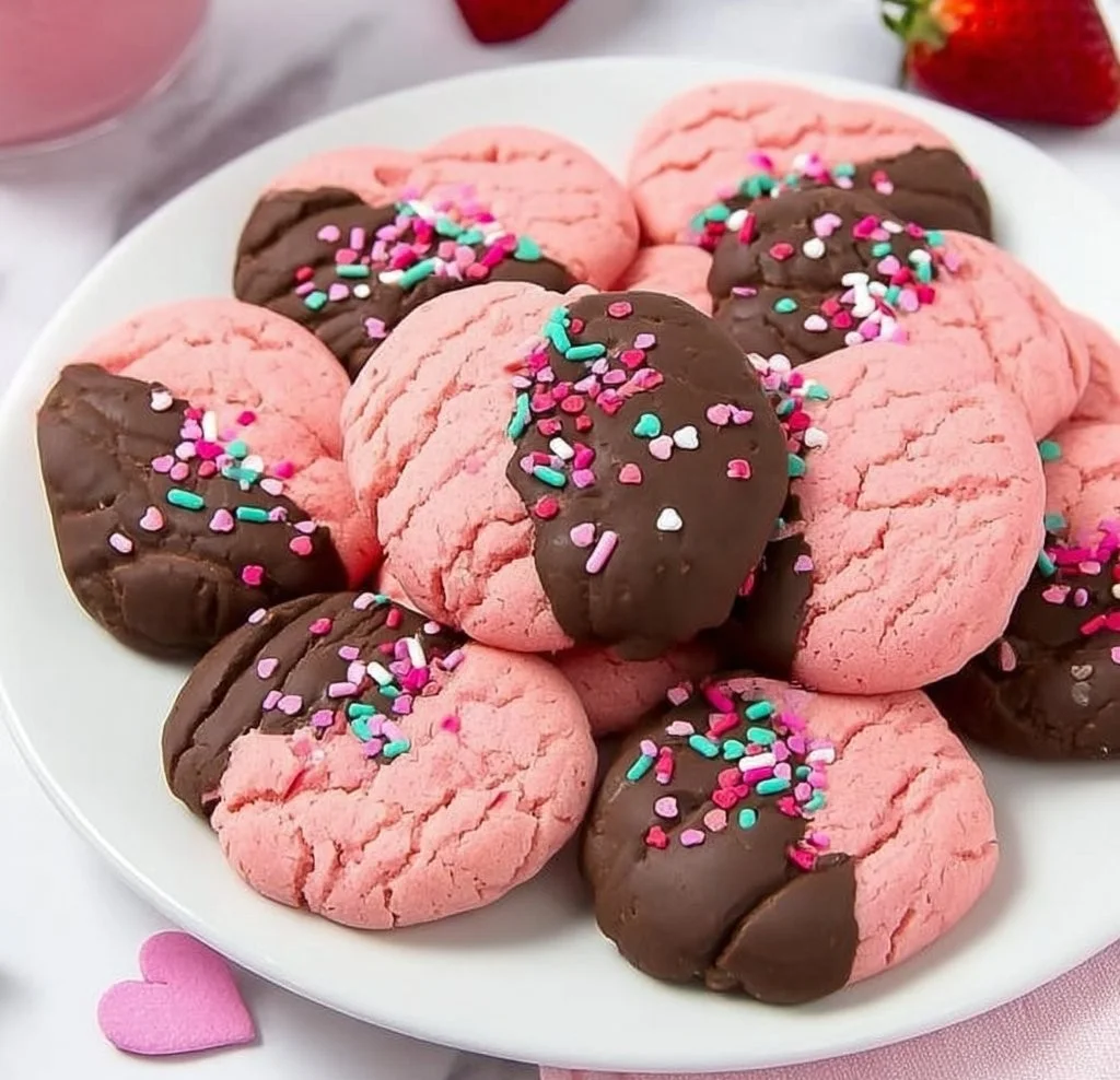 Valentine's Day chocolate covered strawberry cookies on a decorative plate