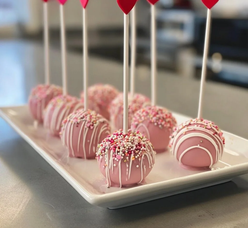 Valentine's Day Oreo Pops decorated with romantic themes and colors.