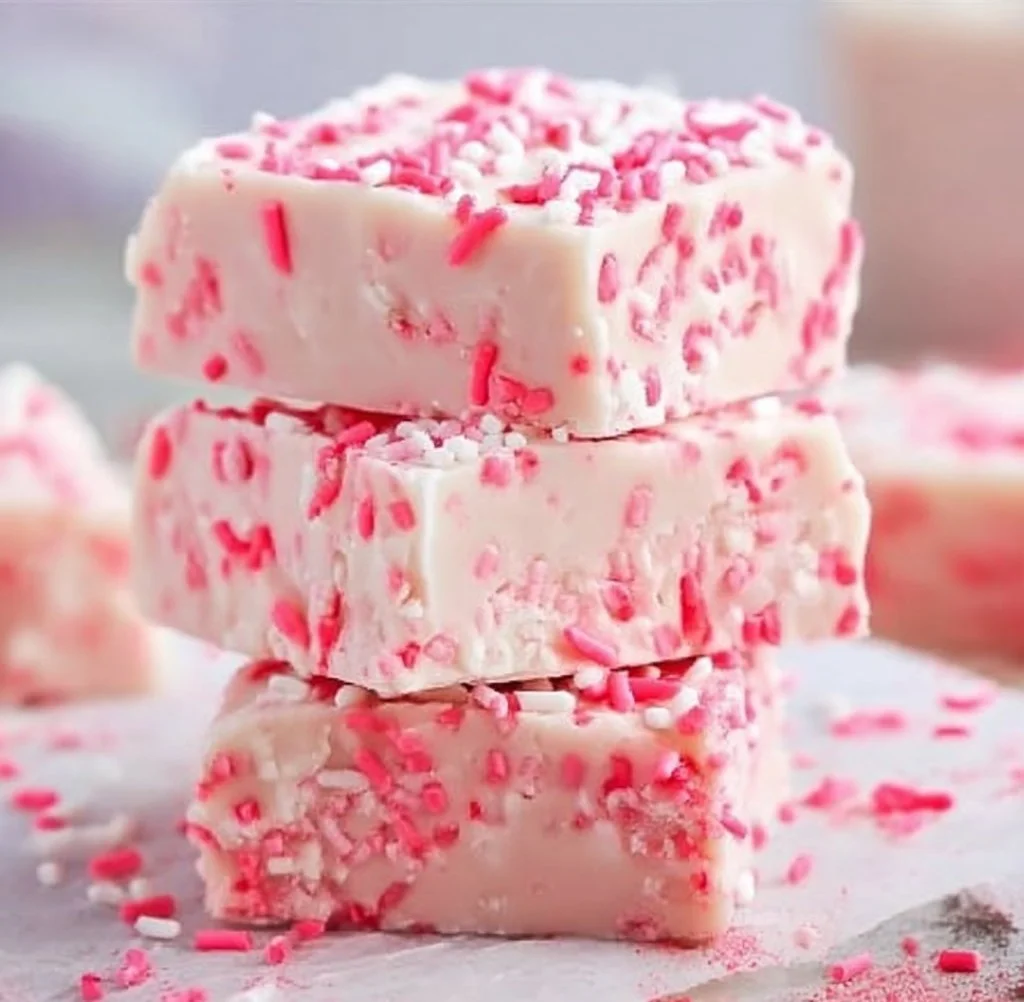 Valentine's Day sugar cookie fudge dessert with colorful sprinkles