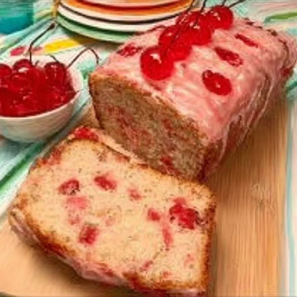 Warm Cherry Loaf Bread fresh from the oven, garnished with cherries.