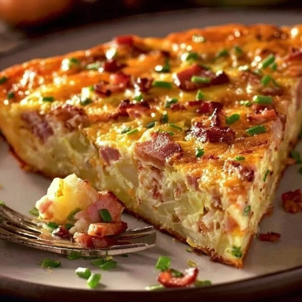 Delicious Turkey Bacon Potato Frittata served on a plate with fresh herbs