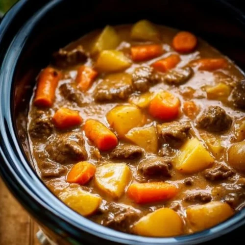 Delicious beef stew simmering in a pot with fresh vegetables and herbs