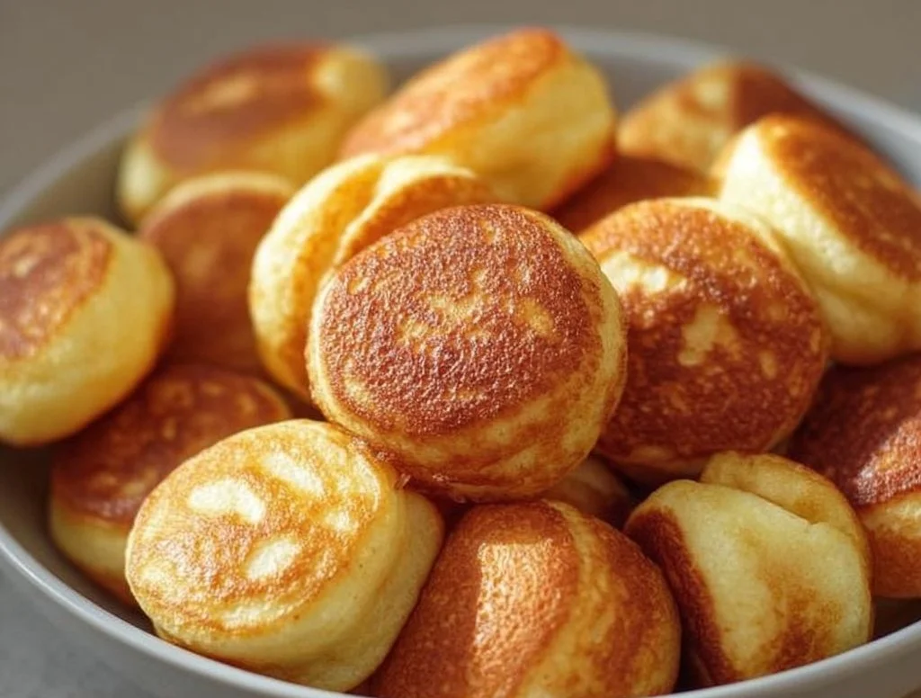 A plate of delicious breakfast pancake poppers topped with syrup and fruit.