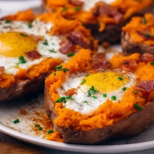 Delicious breakfast sweet potato served with toppings for a healthy meal