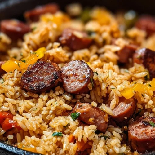 Cajun sausage and rice skillet dish garnished with green onions