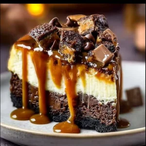 Delicious caramel brownie cheesecake topped with caramel drizzle and chocolate
