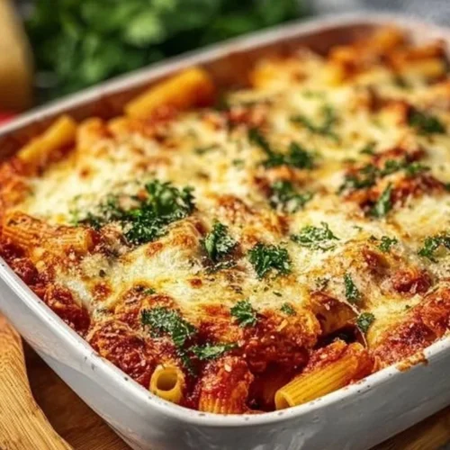 Delicious Chicken Parmesan casserole topped with melted cheese and marinara sauce.