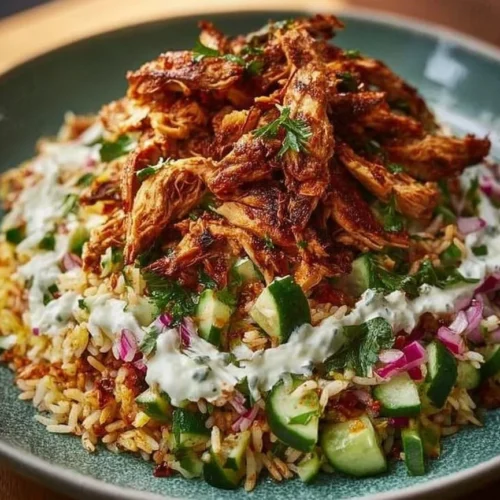 Chicken Shawarma Crispy Rice Salad served in a bowl with fresh ingredients.