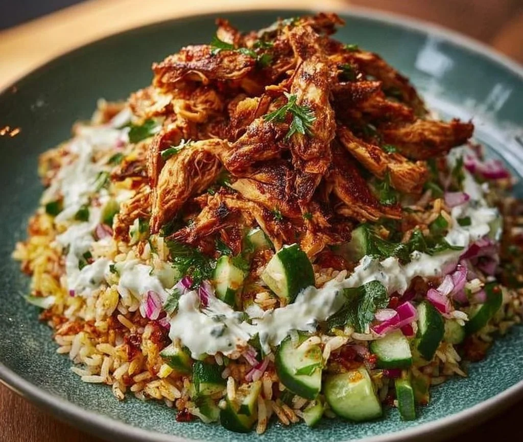 Chicken Shawarma Crispy Rice Salad served in a bowl with fresh ingredients.