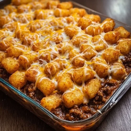 Delicious Chili Cheese Tater Tot Casserole served in a baking dish