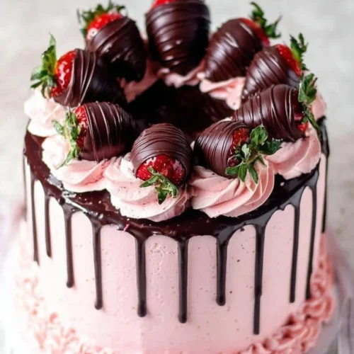 Delicious Chocolate Covered Strawberry Cake decorated with fresh strawberries