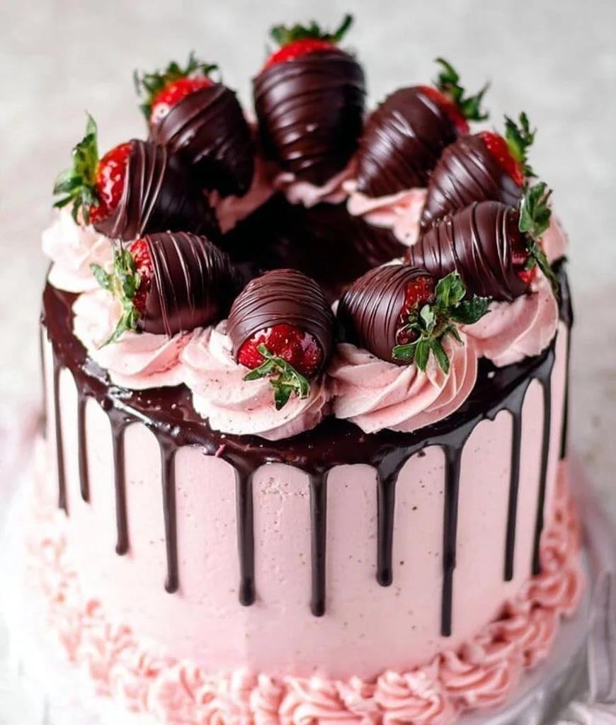 Delicious Chocolate Covered Strawberry Cake decorated with fresh strawberries