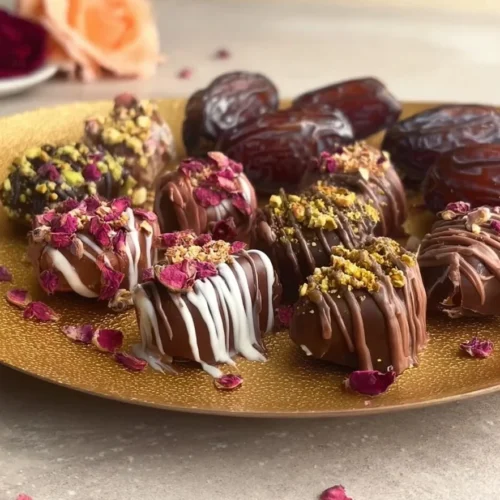 A delicious assortment of chocolate-covered dates on a wooden platter