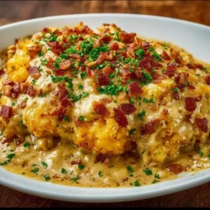 Delicious Cowboy Casserole dish topped with cheese and served in a baking dish.