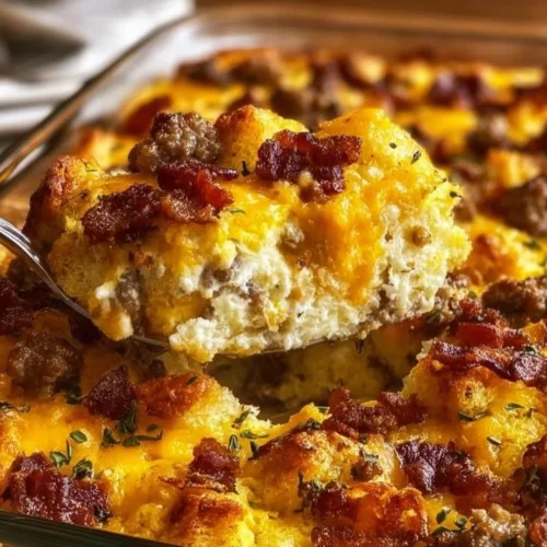 Delicious Crack Breakfast Casserole fresh out of the oven, topped with cheese and herbs.