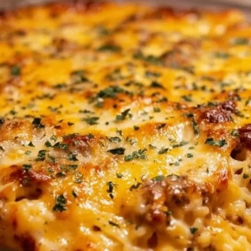 Creamy baked macaroni topped with melted cheese and breadcrumbs in a casserole dish.