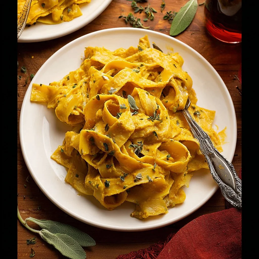 Creamy Cajun Pumpkin Alfredo Pasta served in a bowl, garnished with herbs