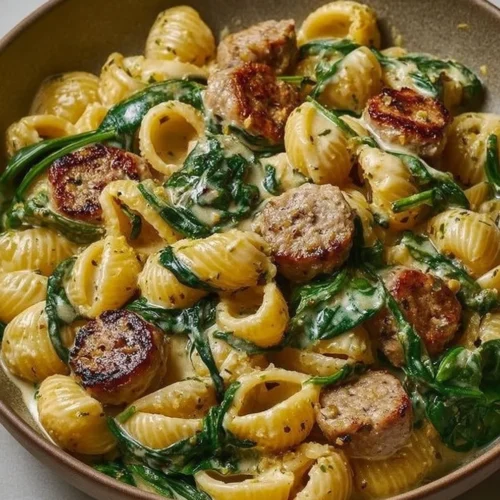 Creamy protein-packed pasta bowl topped with fresh herbs and ingredients