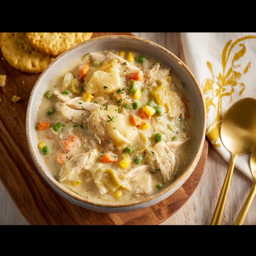 Delicious Crock Pot Chicken Pot Pie ready to serve, hearty and flavorful.
