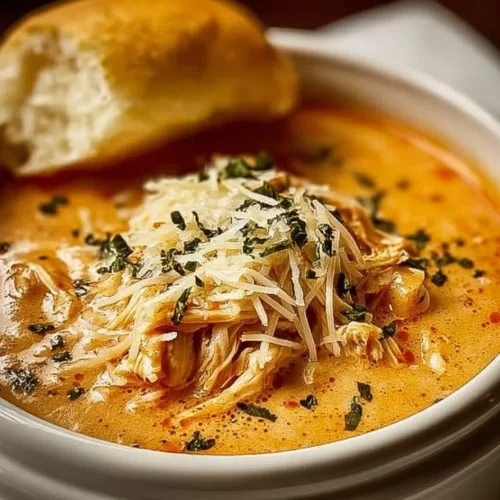 Bowl of Crock Pot Creamy Chicken Parmesan Soup garnished with parsley and cheese.