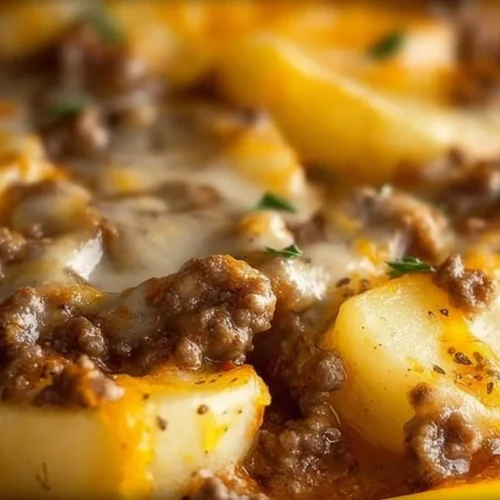 Crockpot Hamburger Potato Casserole served in a bowl with melted cheese