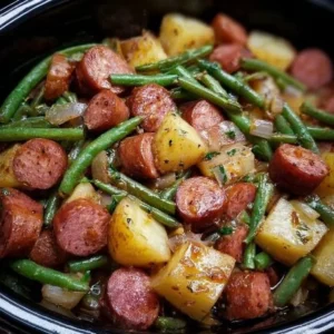 Crockpot Turkey Kielbasa served with green beans in a slow cooker dish