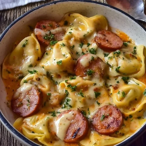 Crockpot Pierogi Casserole with Turkey kielbasa served in a dish