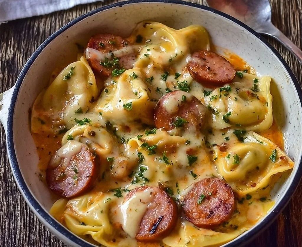 Crockpot Pierogi Casserole with Turkey kielbasa served in a dish