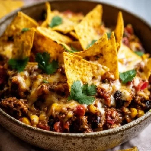 Delicious Crockpot Taco Casserole baked with layers of cheese and spices.