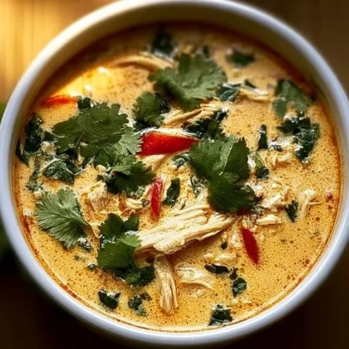 Crockpot Thai Coconut Chicken Soup in a bowl with fresh herbs garnishing