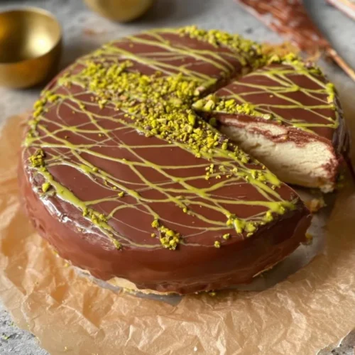 Delicious Dubai Chocolate Cheesecake topped with rich chocolate ganache