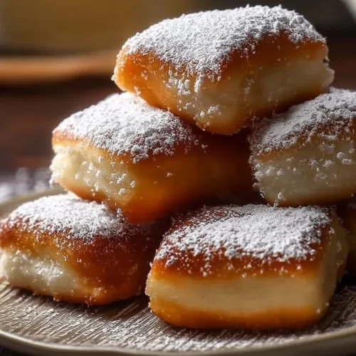 Delicious easy vanilla beignets dusted with powdered sugar on a plate
