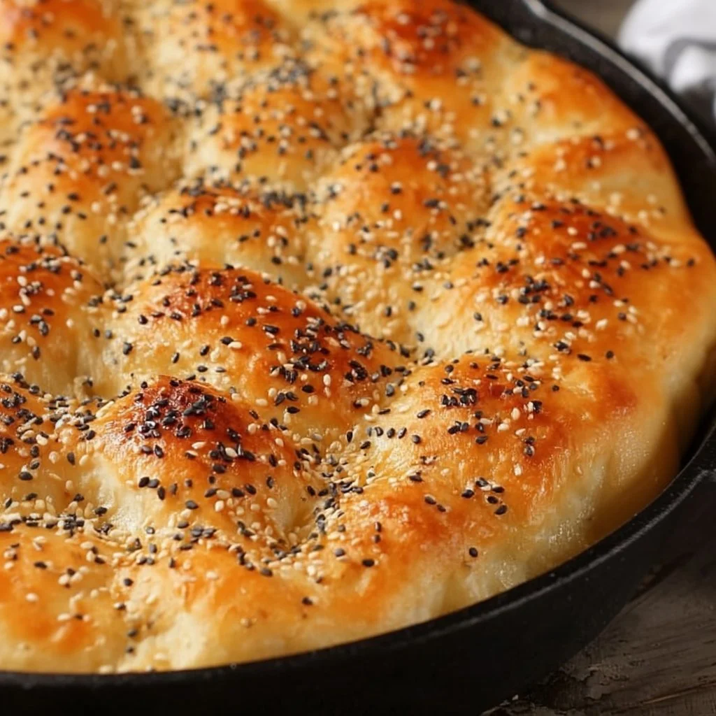 Freshly baked Turkish bread on a wooden table with herbs.